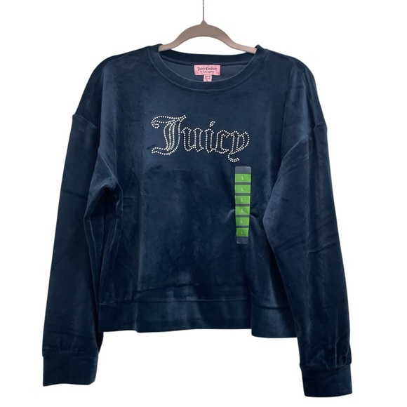 Juicy Couture Tops - Juicy Couture Navy Blue Velour “Juicy” Rhinestone Crew Neck NWT Size L